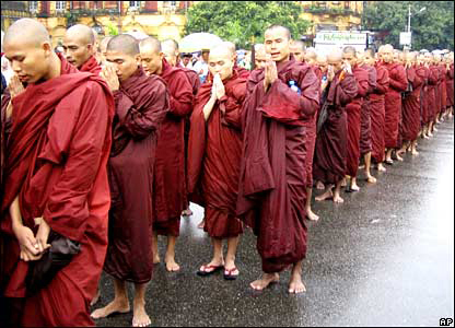 Buddhist monks on the march for change in Rangoon. Photo compliments of AP.
